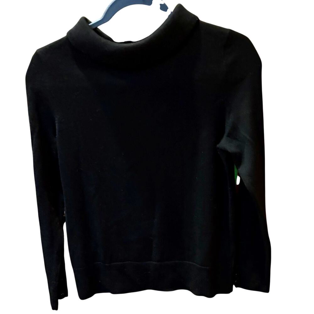 Talbots Women PS Black Merino Wool Fold Mock Neck Sweater Closet Staple Preppy
